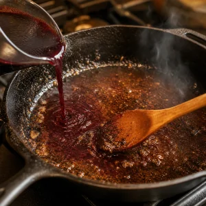 Red wine and beef stock deglazing browned bits in the skillet
