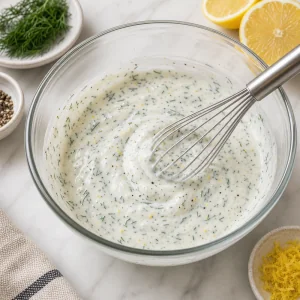 Molho de iogurte com limao e endro numa taca