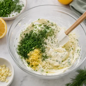 Cream cheese misturado com alho, endro, cebolinha, raspas e suco de limão em uma tigela.