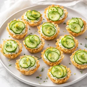 Kräuter-Frischkäse-Gurkentörtchen mit Dill und Zitronenschale auf einem Servierteller.