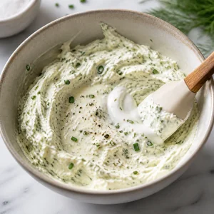 Mistura de cream cheese com ervas temperada com sal e pimenta e ajustada com creme.