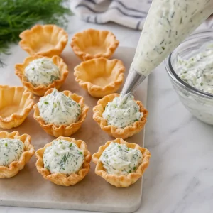 Mini tortinhas sendo recheadas com mistura de cream cheese de ervas.