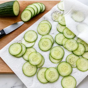 Rodelas finas de pepino inglês cortadas e secando em papel-toalha.