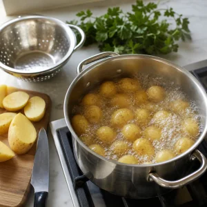 Patatas baby hirviendo en agua con sal para ensalada alemana tibia.