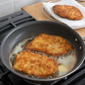 Schnitzel de cerdo empanado friendo dorado en mantequilla y aceite.