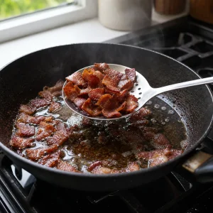 Trozos de bacon crujiente retirados de la sarten dejando la grasa.