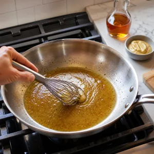 Vinagreta de mostaza Dijon batida con grasa tibia de bacon.