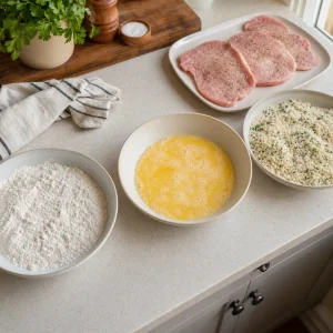 Harina, huevo con leche y panko con perejil listos para empanar schnitzel.