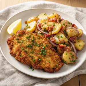 Schnitzel de cerdo servido con ensalada alemana tibia de patata y limon.