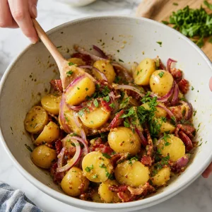 Patatas tibias mezcladas con cebolla roja, bacon, perejil y aderezo.