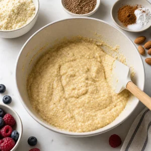 Mandelmehl-Protein-Zutaten zu einem dicken Waffelteig verrührt.