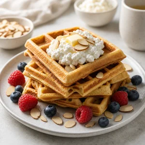 Mandelmehl-Waffeln mit Hüttenkäse, Mandeln und Beeren serviert.