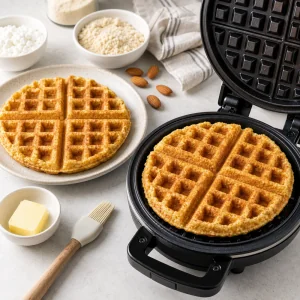 Goldbraune Mandelmehl-Waffeln werden aus dem Waffeleisen genommen.