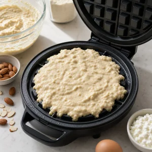 Dicker Mandelmehl-Waffelteig backt im heißen Waffeleisen.