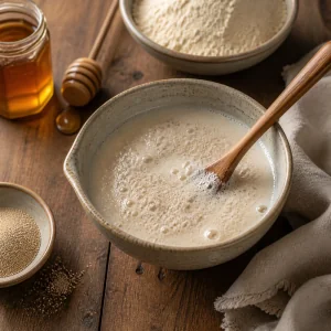 Lievito schiumoso che si attiva nel latte tiepido con miele.