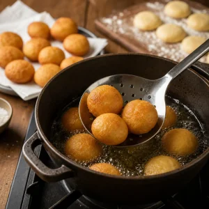 Baursak dorati che friggono in olio bollente.
