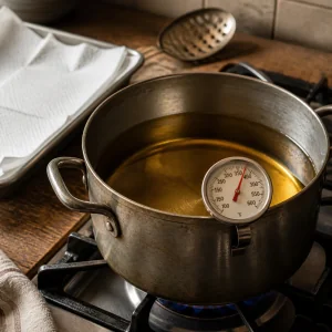 Olio che si scalda in una pentola pesante con termometro.