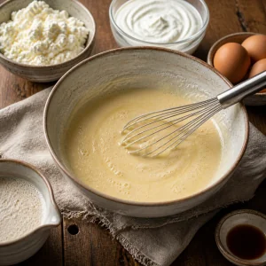 Yogurt, fiocchi di latte e uova frullati in un composto liscio.