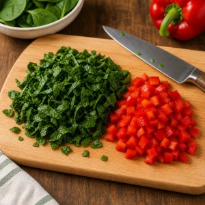 Gehackter Spinat und rote Paprika auf einem Schneidebrett