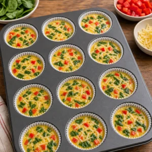 Eier-Gemuese-Mischung in Muffinfoermchen gefuellt