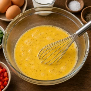 Eier und Milch mit Salz und Pfeffer in einer Schuessel verquirlt