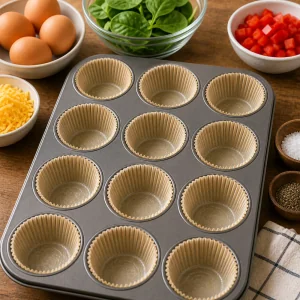 Ausgelegte Muffinform mit Eiern, Spinat, Paprika und Kaese daneben