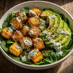 Finished paneer spinach bowl with hemp seeds