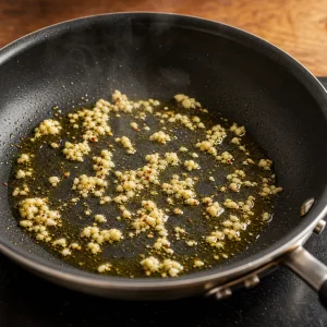 Minced garlic sizzling in olive oil