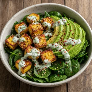 Paneer bowl assembled with avocado and sauce