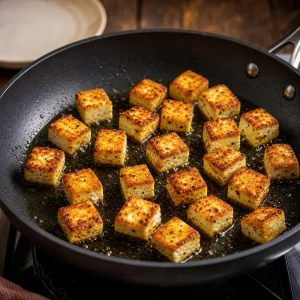 Paneer cubes searing golden in a skillet