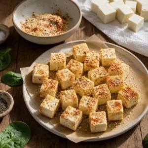 Spiced paneer cubes coated for searing