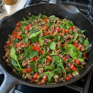 Baby spinach wilting into the sausage and vegetable mixture.