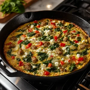 Baked Mediterranean frittata with a set center and lightly golden edges.