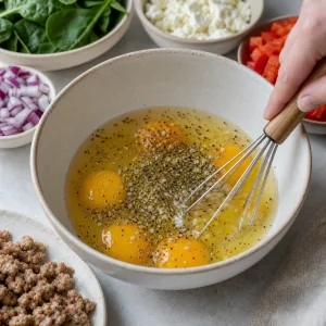 Eggs and egg whites whisked with oregano, salt, and pepper.