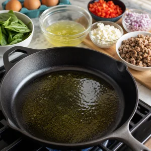 Olive oil heating in a cast-iron skillet for the frittata base.