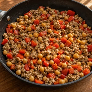 Peru dourado misturado com pimento vermelho e grao-de-bico numa frigideira