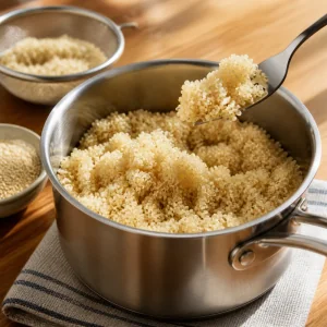Quinoa cozida e solta levantada com um garfo num tacho pequeno