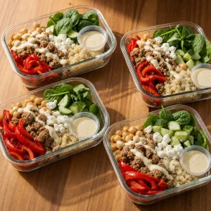 Quatro recipientes de peru e quinoa com feta e molho de iogurte