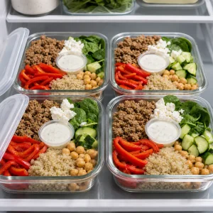 Recipientes de peru e quinoa prontos para guardar no frigorifico