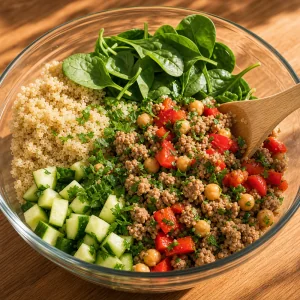 Quinoa, espinafres, pepino, peru, grao-de-bico e salsa numa taca