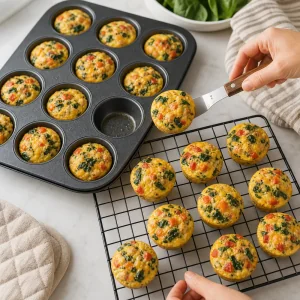 Baked mini egg muffins cooling on a wire rack after resting