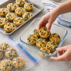 Cooled turkey cheese egg muffins packed for fridge or freezer storage