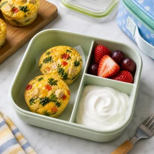 Daycare portion with a mini egg muffin, fruit, and yogurt