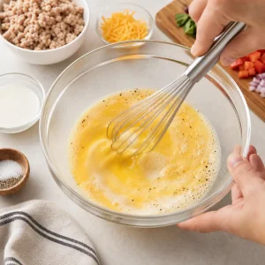 Eggs whisked with milk and seasonings for savory mini muffins