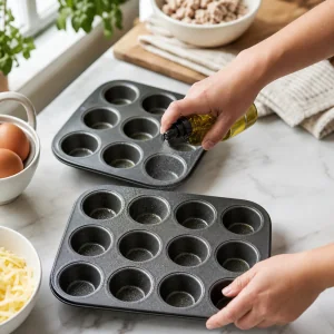 Mini muffin tins being greased before turkey cheese egg muffins