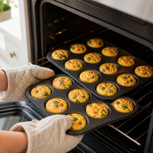 Mini turkey cheese egg muffins baking until lightly golden
