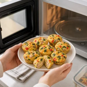 Reheated mini turkey cheese egg muffins served warm on a plate