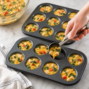 Turkey cheddar egg mixture spooned into mini muffin cups