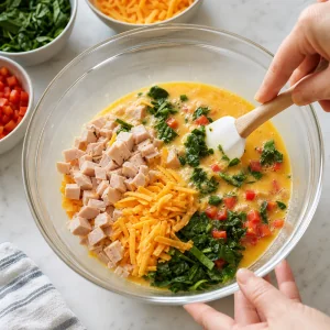 Turkey, cheddar, spinach, and pepper folded into the egg mixture