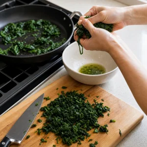 Wilted spinach squeezed dry and chopped for mini egg muffins